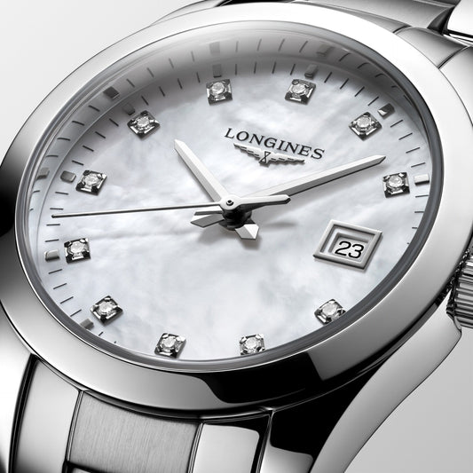 ロンジン コンクエスト クラシック 29mm マザーオブパール ダイヤモンド クォーツ ステンレススチール ウォッチ L2.286.4.87.6