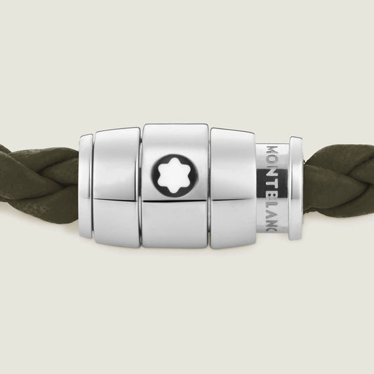 Montblanc bracciale in acciaio pregiato lucido con chiusura magnetica e corda in pelle intrecciata kaki misura m