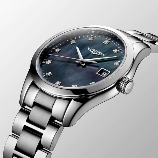 ロンジン コンクエスト クラシック 34mm ブラック マザーオブパール ステンレススチール クォーツ ウォッチ L2.386.4.88.6