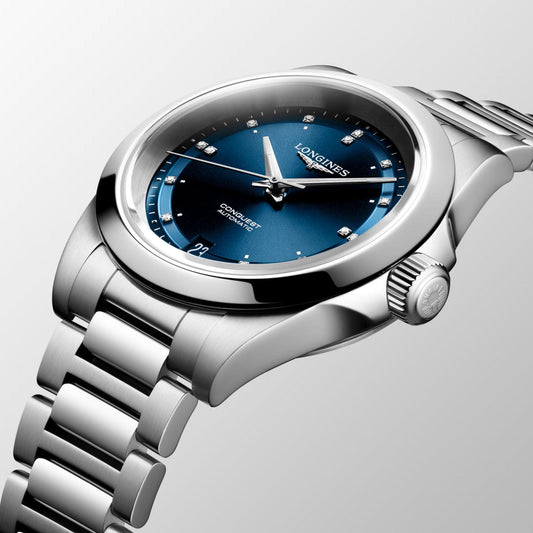 ロンジン ニューコンクエスト 34mm ブルー 自動巻き ステンレススチールウォッチ L3.430.4.97.6