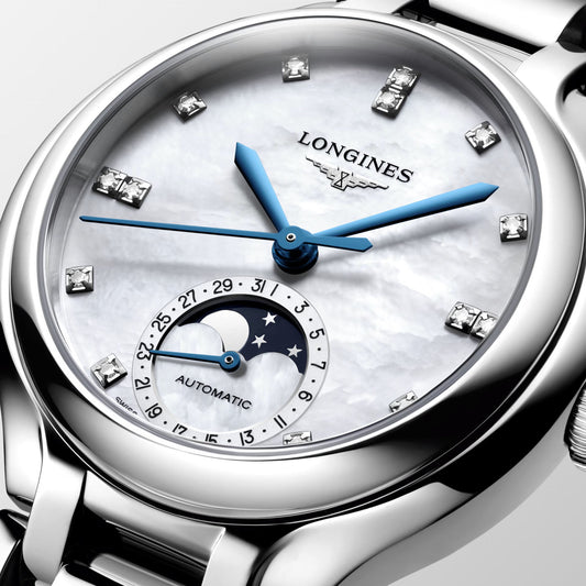 ロンジン プリマルーナ ムーンフェイズ 34mm マザーオブパール ダイヤモンド 自動巻き ステンレススチールウォッチ L8.126.4.87.6