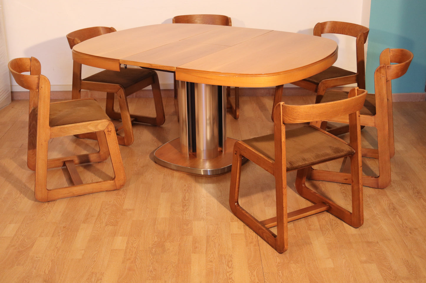 Set da pranzo completo attribuito a Willy Rizzo per Sabot — tavolo allungabile e 6 sedie, Italia, anni '70