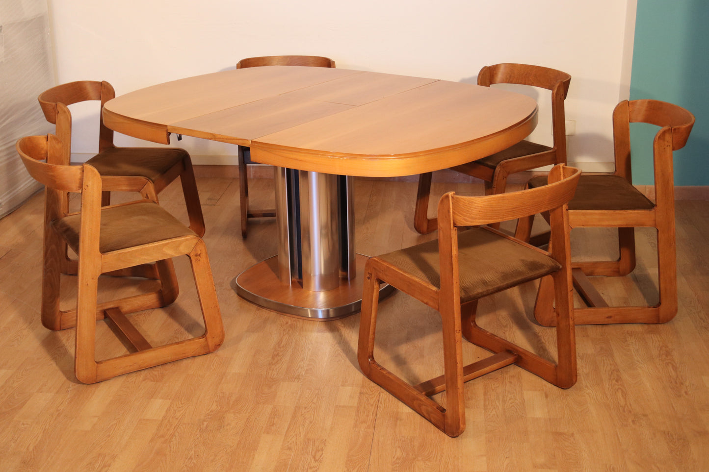 Set da pranzo completo attribuito a Willy Rizzo per Sabot — tavolo allungabile e 6 sedie, Italia, anni '70