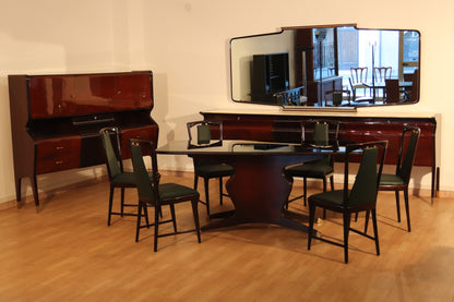 Ensemble da sala da pranzo Osvaldo Borsani per Fratelli Turri — palissandro, onice e vetro opalino nero, Italia, anni '50