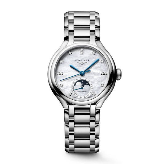 ロンジン プリマルーナ ムーンフェイズ 34mm マザーオブパール ダイヤモンド 自動巻き ステンレススチールウォッチ L8.126.4.87.6