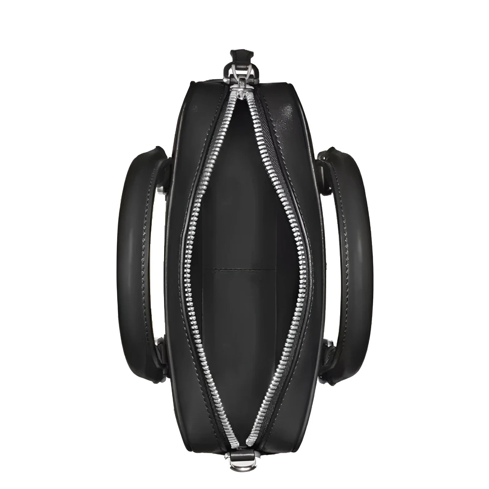 Elegante borsa bowling piccola montblanc modello piccolo meisterstück nero in pelle con cerniera e manici argento