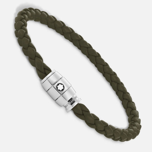 Bracciale montblanc kaki in pelle intrecciata con chiusura magnetica in acciaio pregiato lucido impreziosito dallemblema