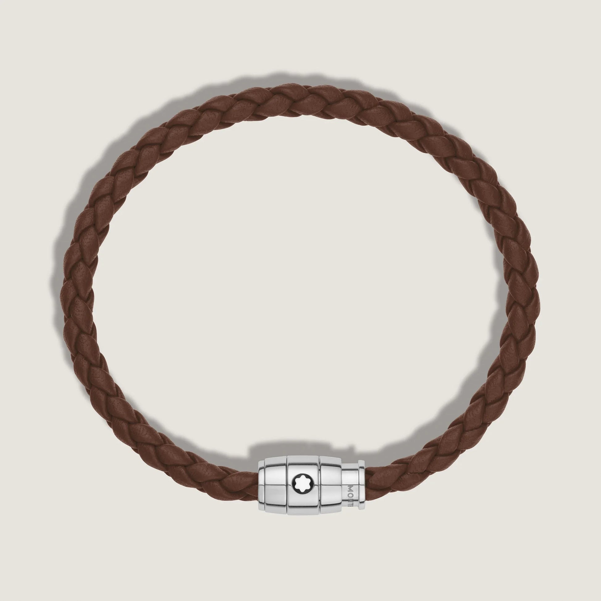 Bracciale montblanc marrone fulvo in pelle intrecciata con chiusura magnetica in acciaio pregiato lucido impreziosito