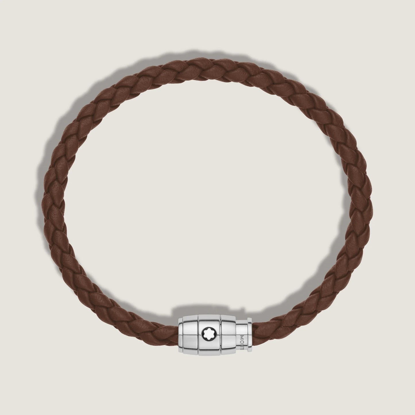 Bracciale montblanc marrone fulvo in pelle intrecciata con chiusura magnetica in acciaio pregiato lucido impreziosito