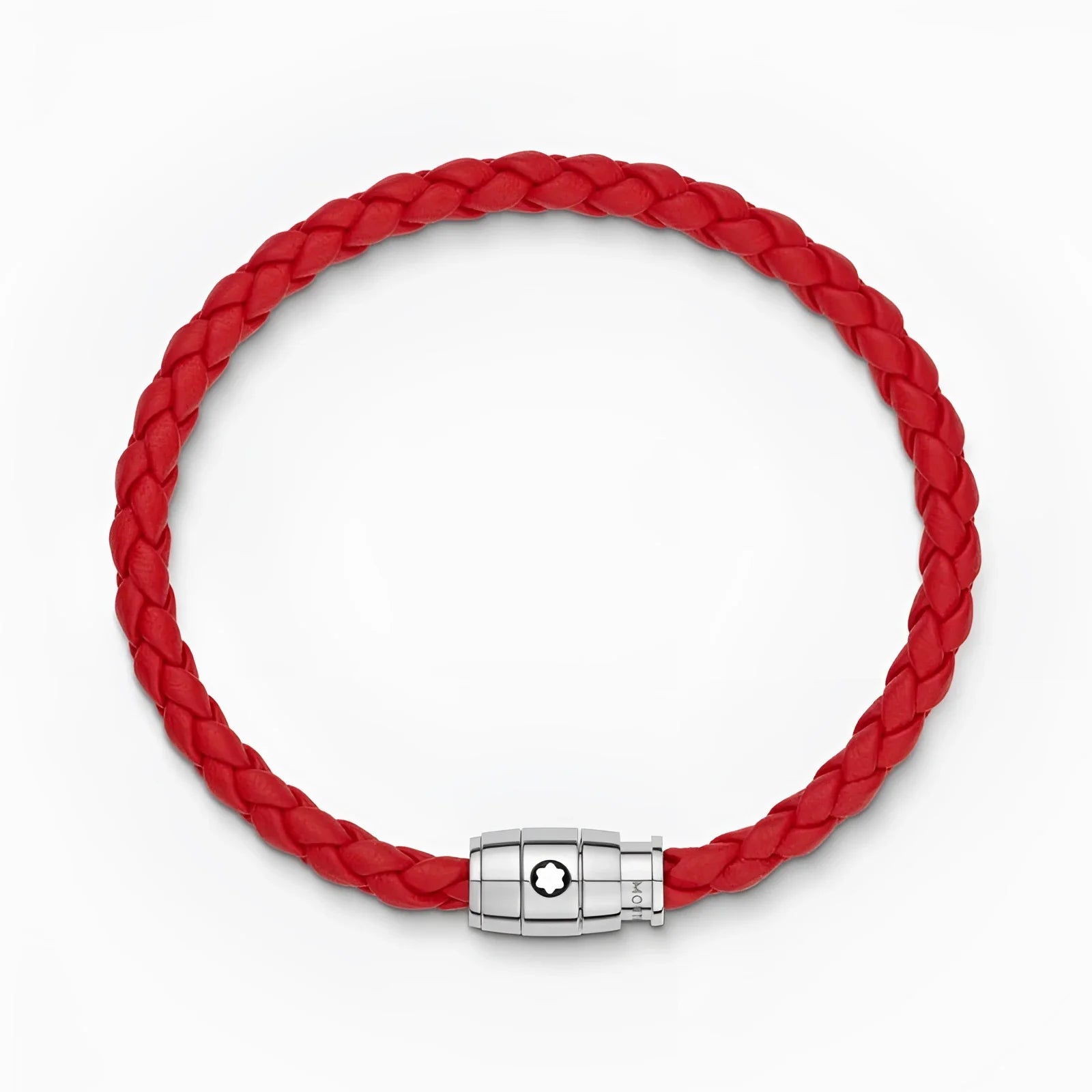 Montblanc bracciale pelle intrecciata rossa con chiusura a 3 anelli in acciaio pregiato finitura lucida misura s
