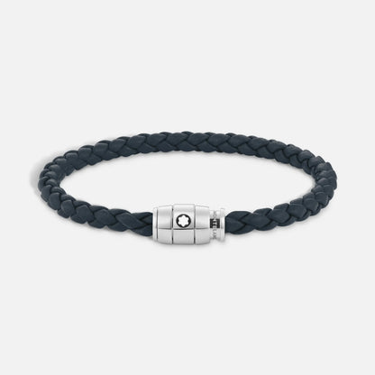 Montblanc bracciale con tre anelli in pelle blu avio e acciaio pregiato lucido impreziosito con emblem star