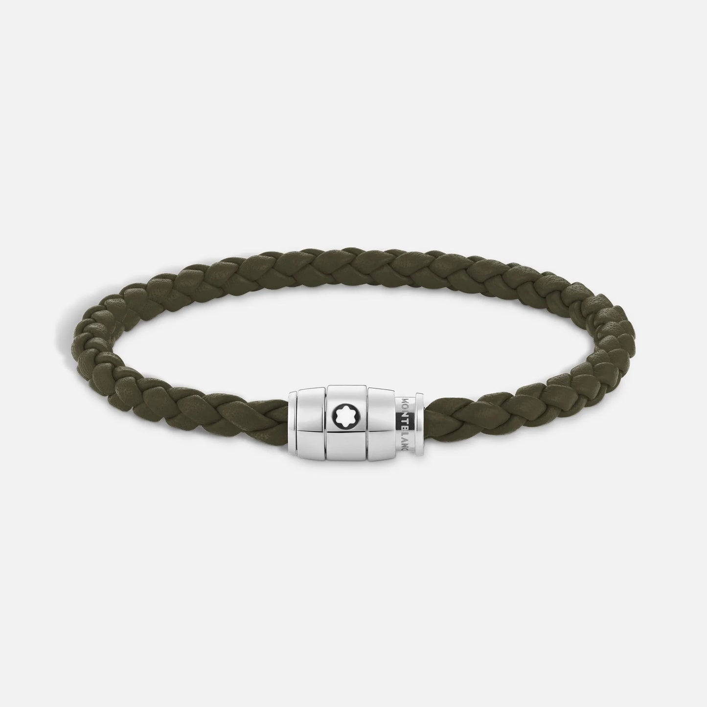 Montblanc bracciale in pelle kaki intrecciata con chiusura magnetica in acciaio pregiato lucido impreziosito dall’emblema