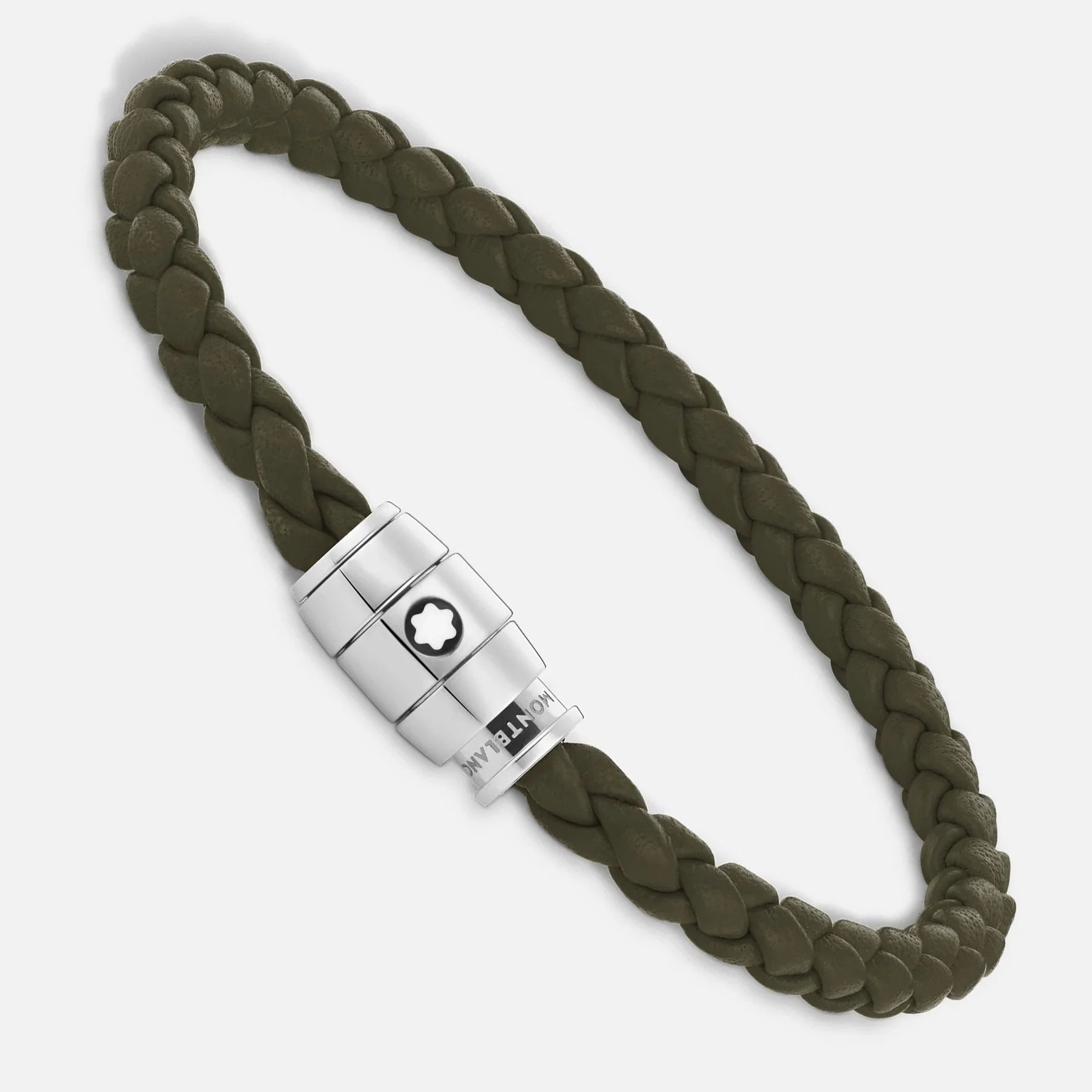 Montblanc bracciale kaki in pelle intrecciata con chiusura magnetica acciaio pregiato lucido impreziosito dal logo