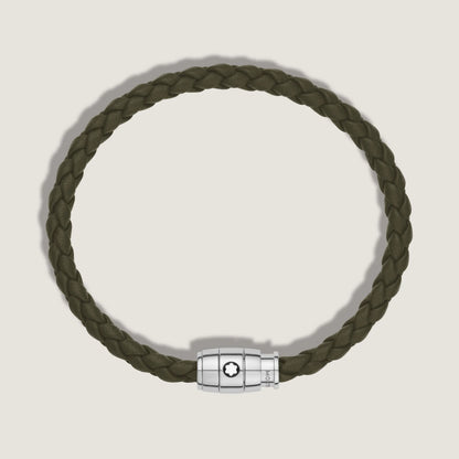 Montblanc bracciale in pelle kaki intrecciata con chiusura magnetica in acciaio pregiato lucido impreziosito dal logo
