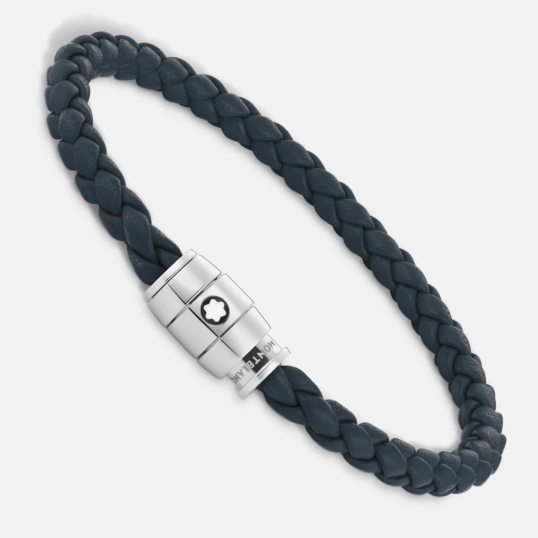 Bracciale montblanc in pelle nera intrecciata con chiusura magnetica in acciaio pregiato lucido blu avio impreziosito