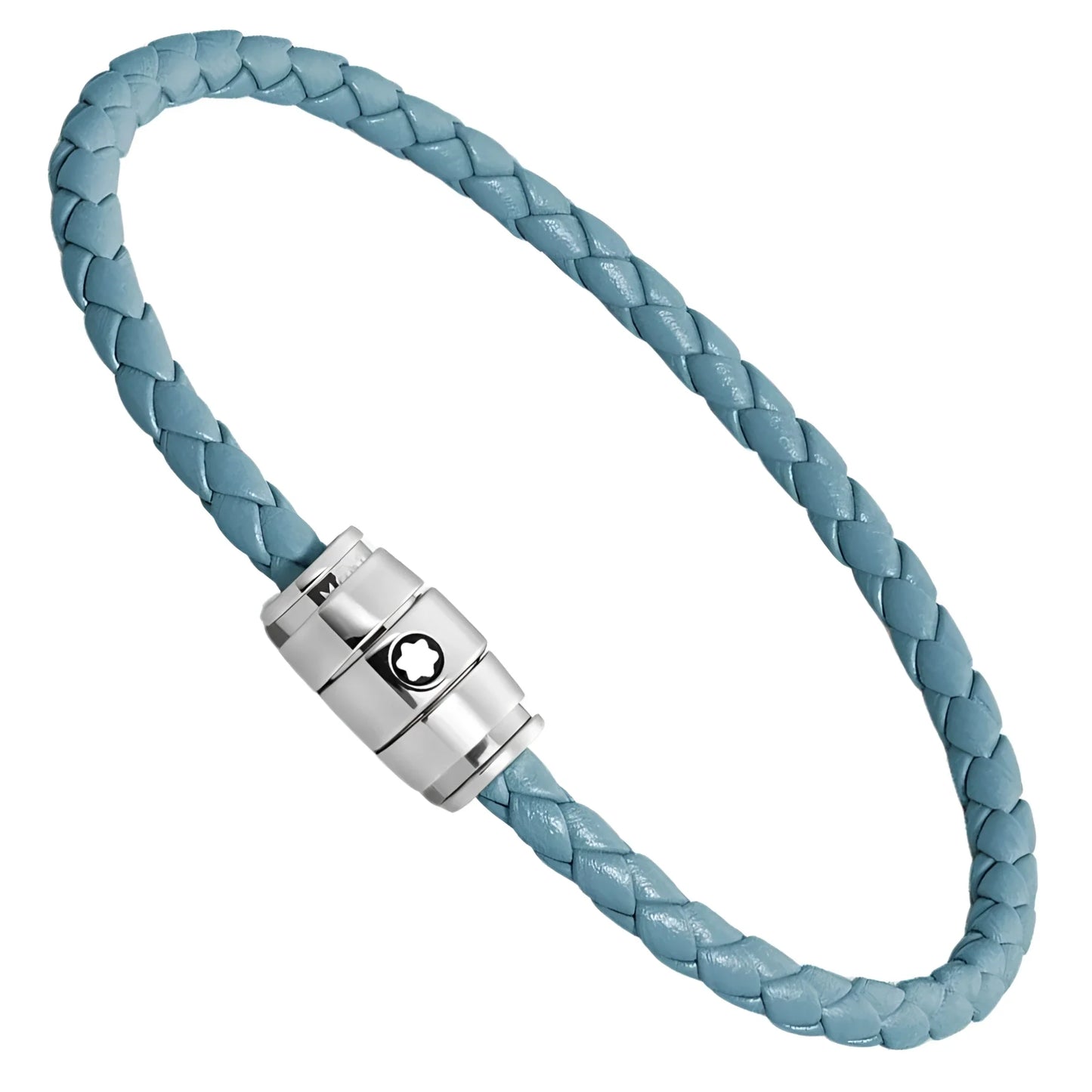 Bracciale montblanc in pelle meisterstück blu fumè intrecciata con chiusura magnetica in acciaio argento