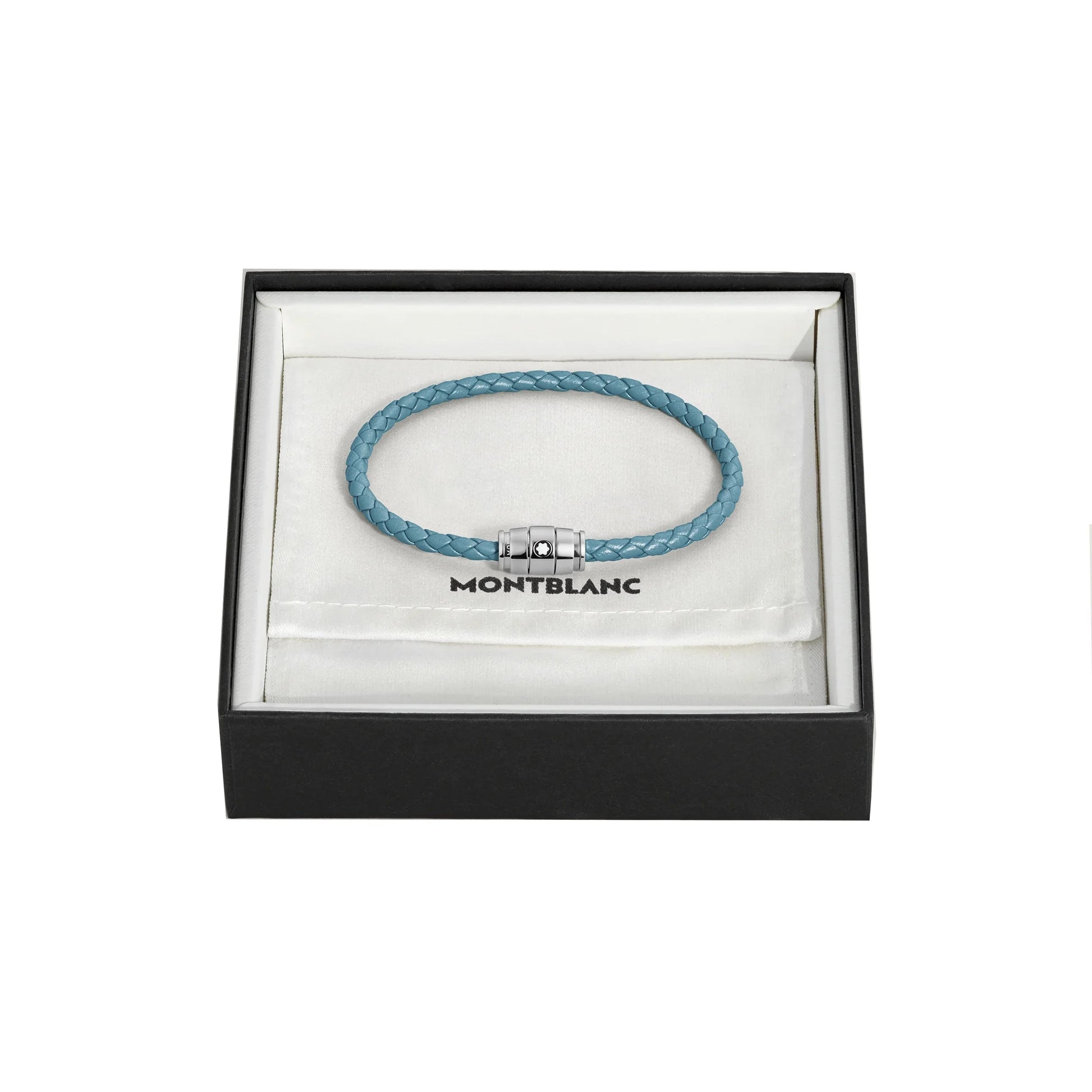 Bracciale montblanc pelle meisterstück blu fumè intrecciato in pelle con chiusura in acciaio in scatola regalo
