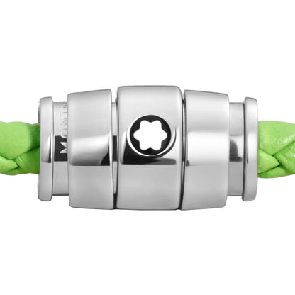 Fermaglio in metallo argentato con stella a sei punte che chiude corda intrecciata verde pelle meisterstück lime