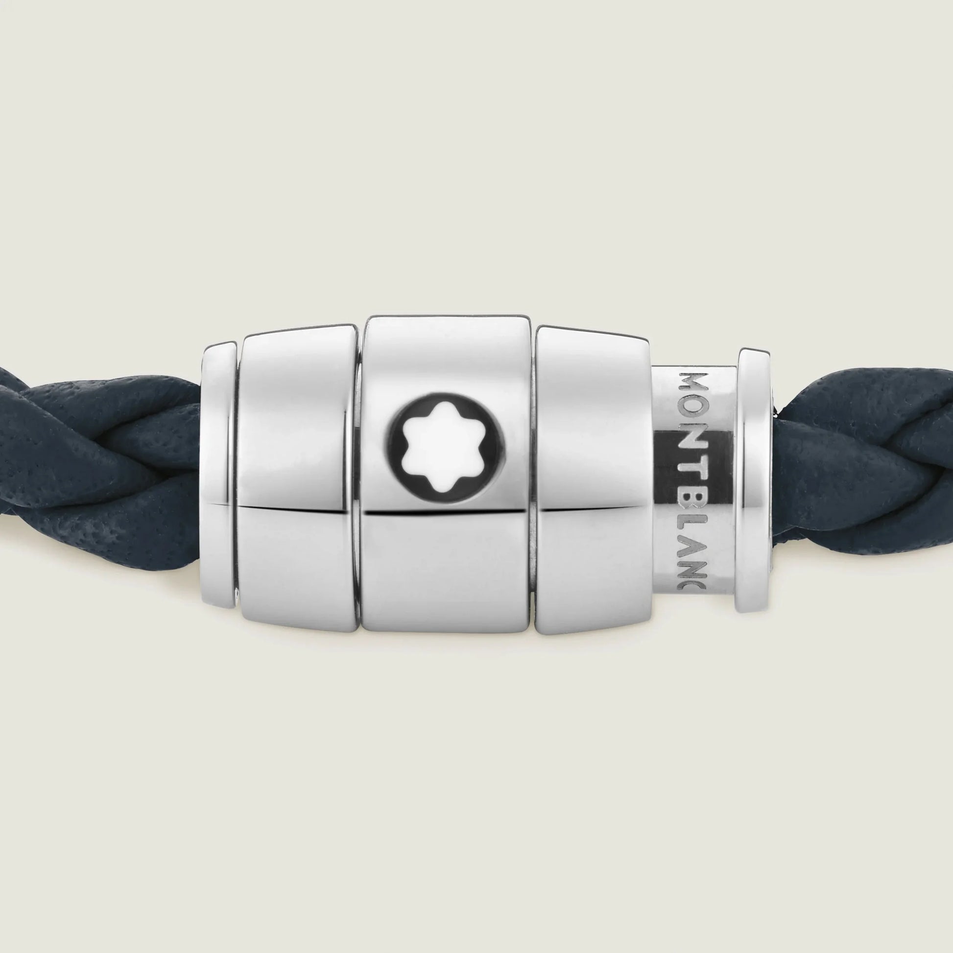 Bracciale montblanc blu avio in pelle con chiusura magnetica in acciaio pregiato lucido impreziosito con stella