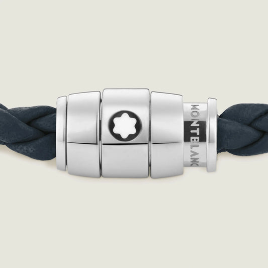 Chiusura magnetica in acciaio pregiato lucido impreziosita con stella montblanc su pelle blu avio intrecciata