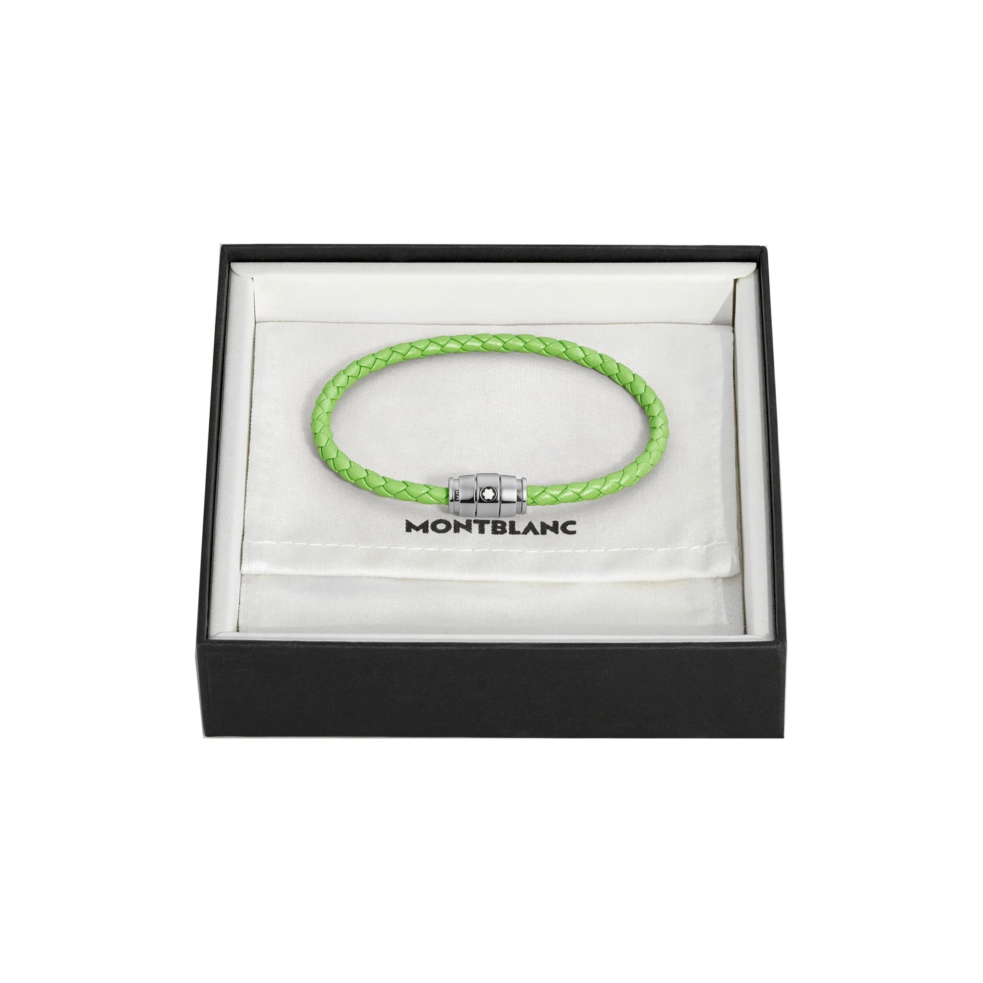 Bracciale montblanc in pelle meisterstück lime intrecciata verde lime con chiusura argento in confezione regalo elegante