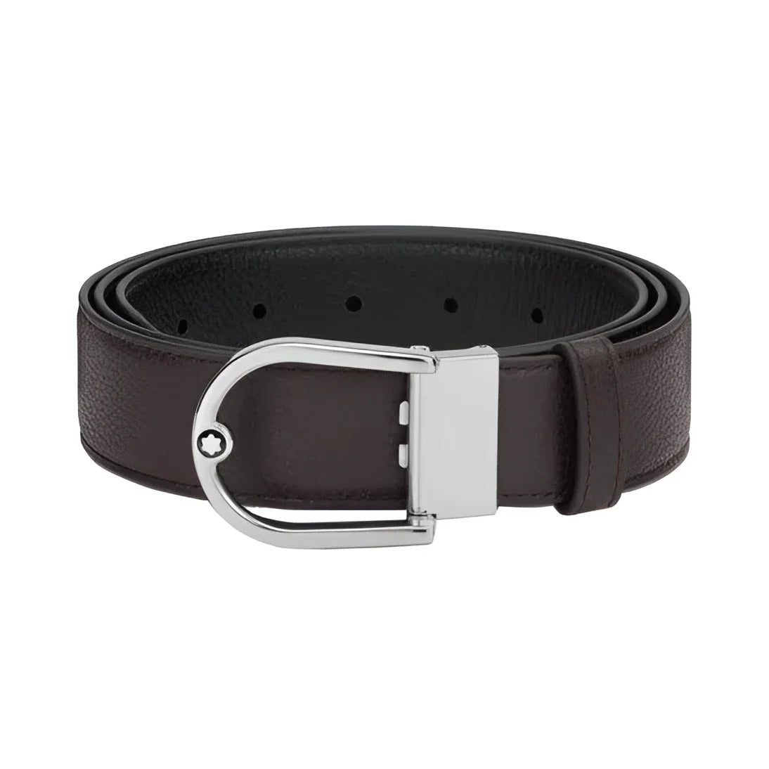 Montblanc cintura 35mm in pregiata pelle granulata ebano con fibbia ferro di cavallo argento e logo montblanc
