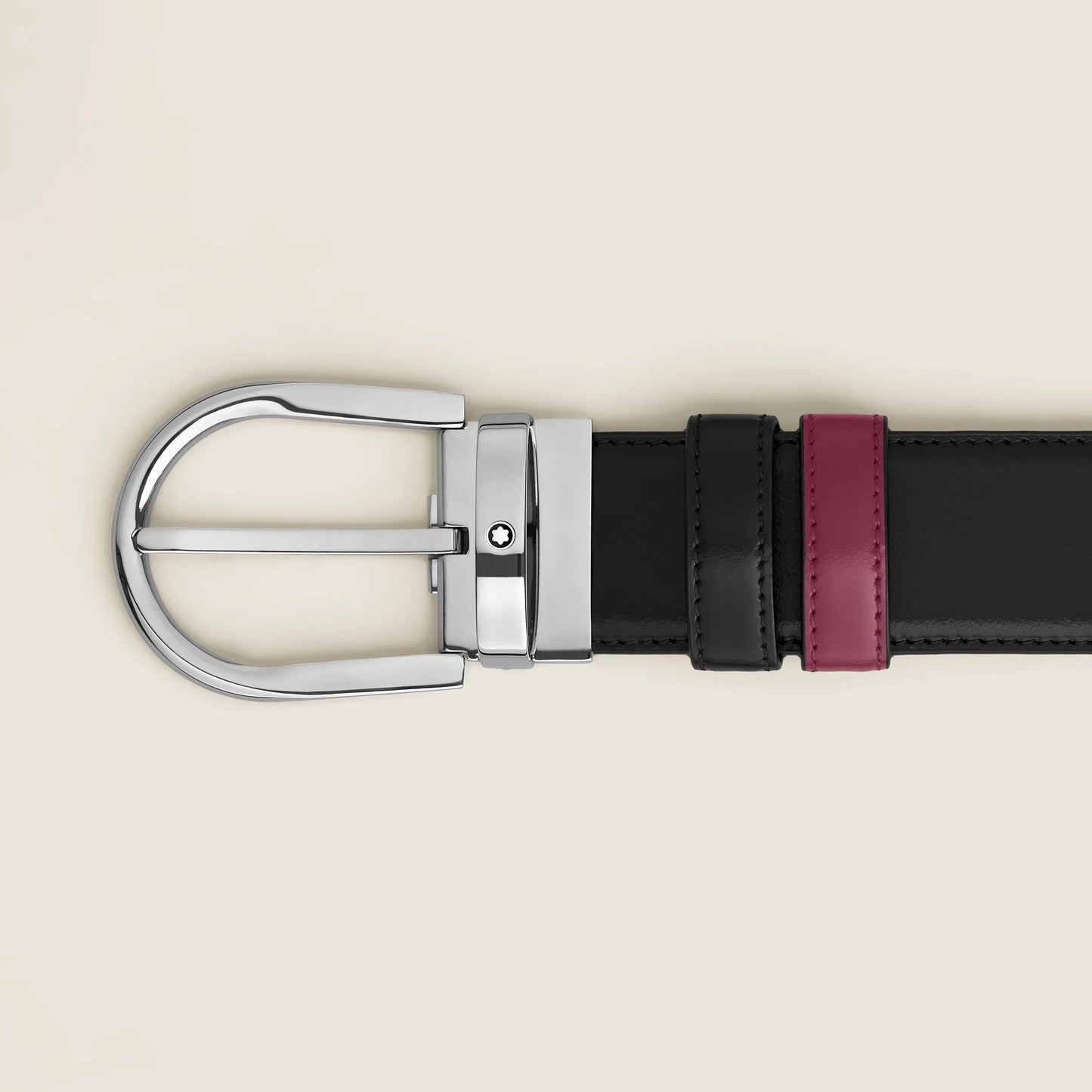 Montblanc cintura reversibile 35 mm in pelle liscia nera con fibbia cavallo finitura palladio e striscia borgogna