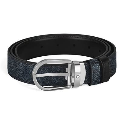 Cintura reversibile montblanc in denim nero con fibbia argento con logo montblanc unisce eleganza e versatilità