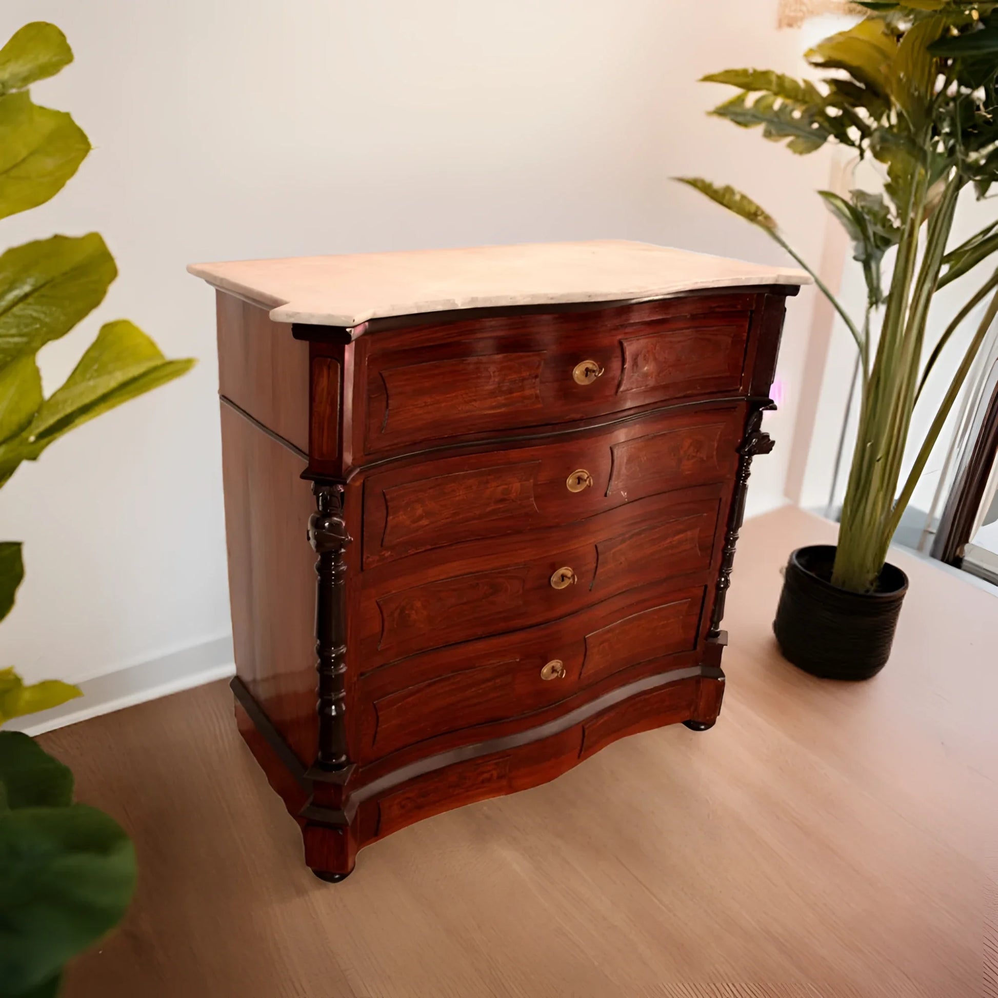 Elegante cassettone napoletano xix secolo in palissandro con piano in marmo antico