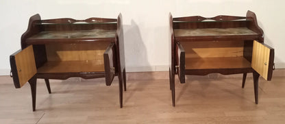 Pair of matching mid-century modern italiano wooden bedside tables with cabinet doors in palissandro design