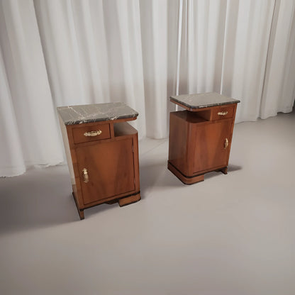 Pair of noce art déco wooden nightstands with marble tops set of 2 italian art déco comodini for bedroom use