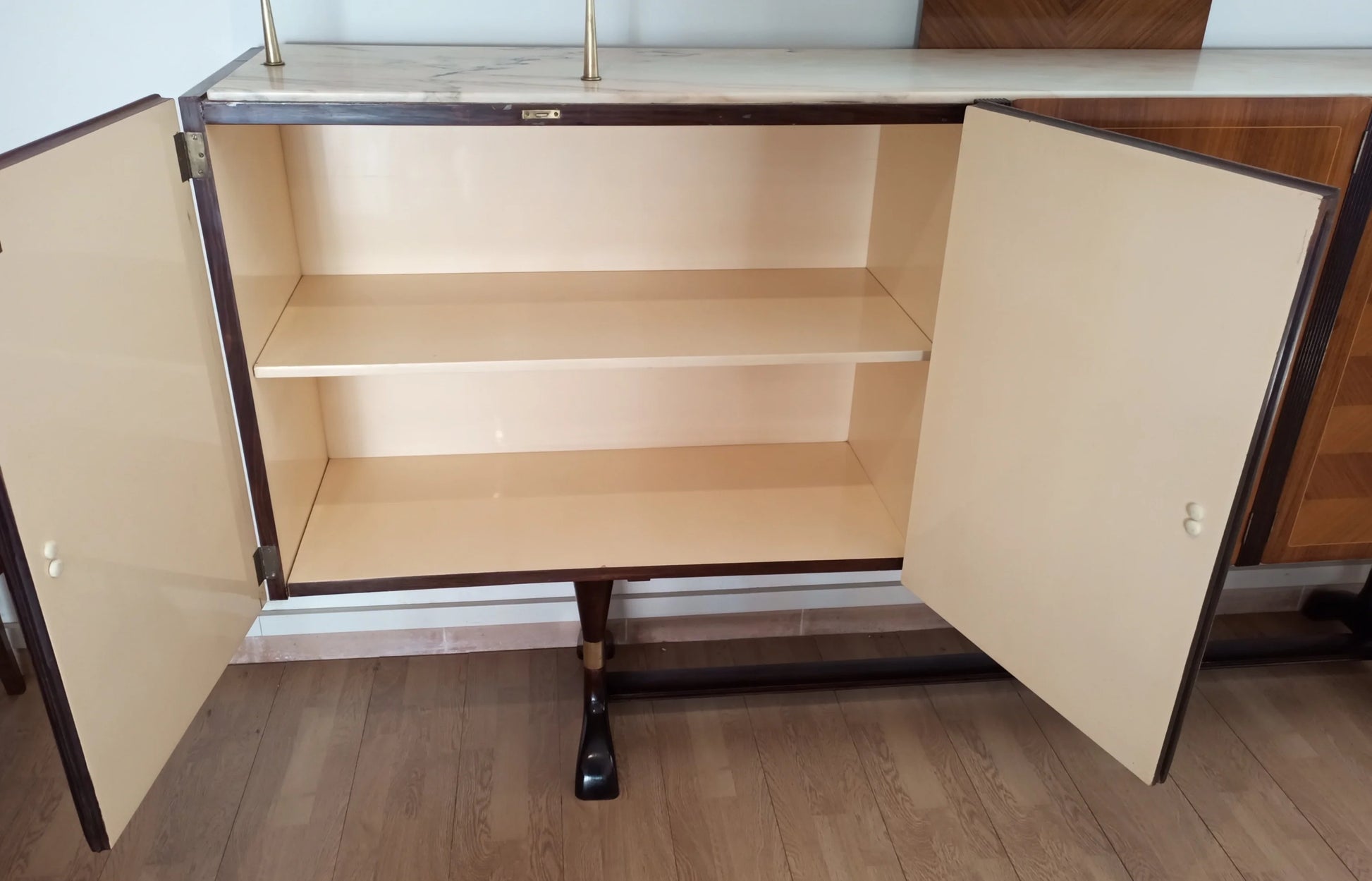 Storage cabinet in wood with two doors and interior shelves for mobile bar consolle vittorio dassi use