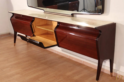 Console credenza di osvaldo borsani in mogano e palissandro con piano in onice chiaro design italiano modernista anni 50