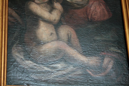 Antico dipinto olio su tela raffigurante madonna con bambino italia settentrionale xvi secolo con cornice