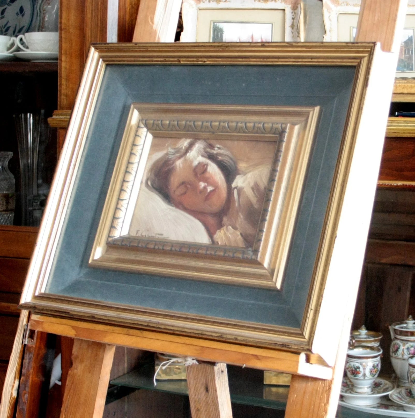 Framed painting bambina dormiente by francesco galante depicting a sleeping child signed opera from 1884-1972