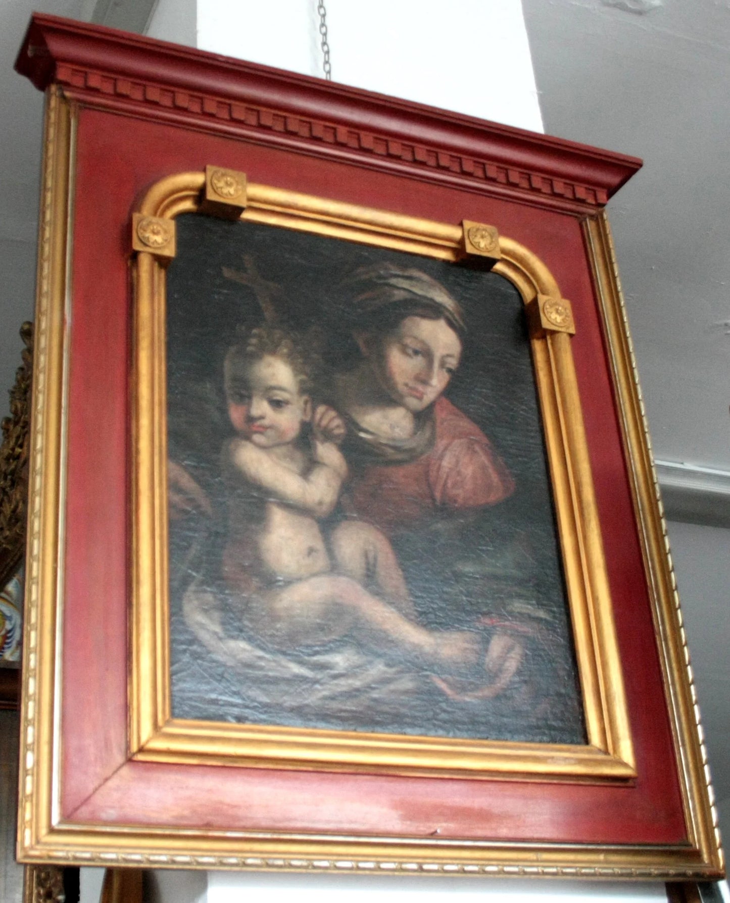 Tela raffigurante madonna con bambino in olio su tela del XVI secolo dell italia settentrionale incorniciata