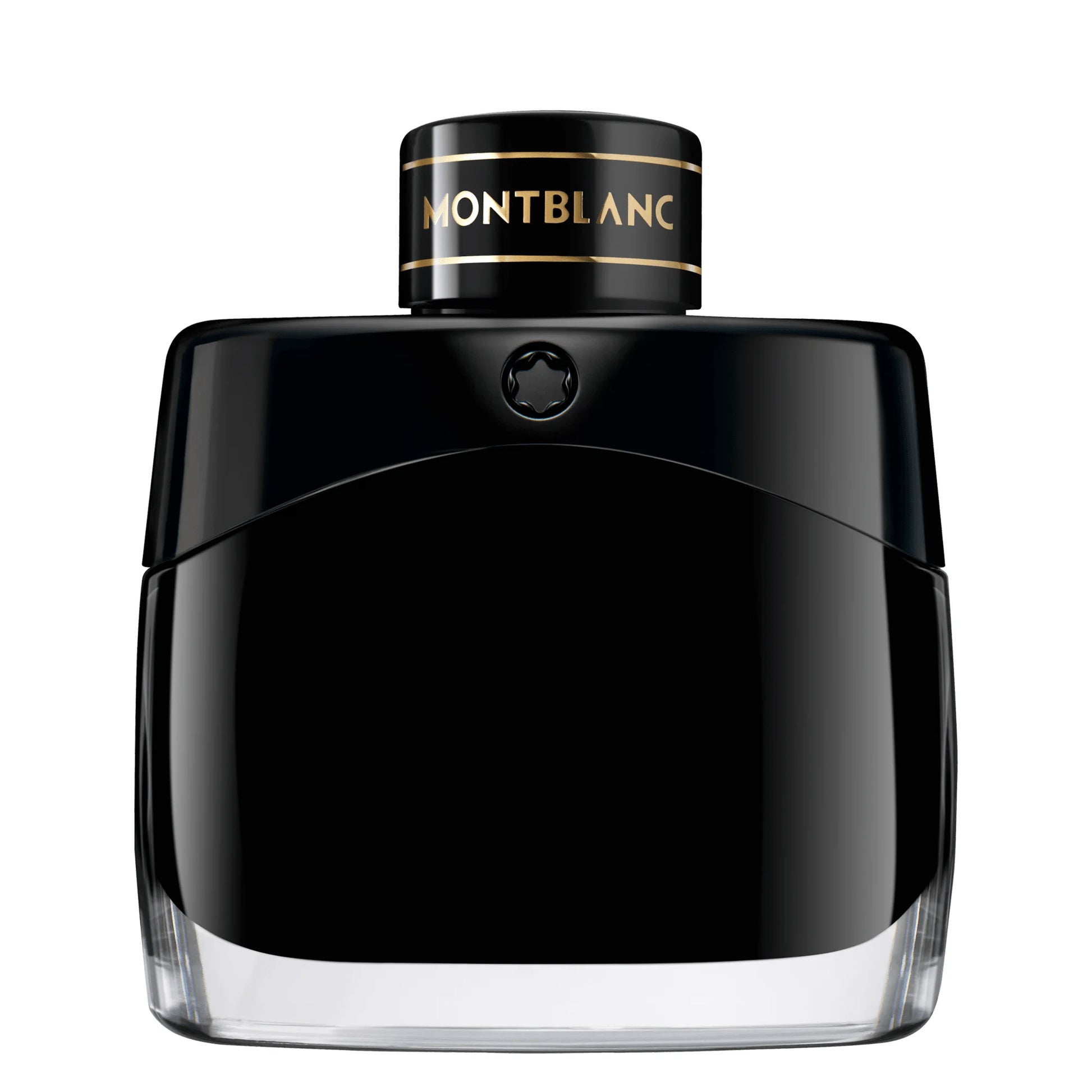 Bottiglia nera montblanc legend eau de parfum 50ml con finitura lucida e scritte dorate sul tappo