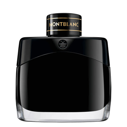 Bottiglia nera montblanc legend eau de parfum 50ml con finitura lucida e scritte dorate sul tappo