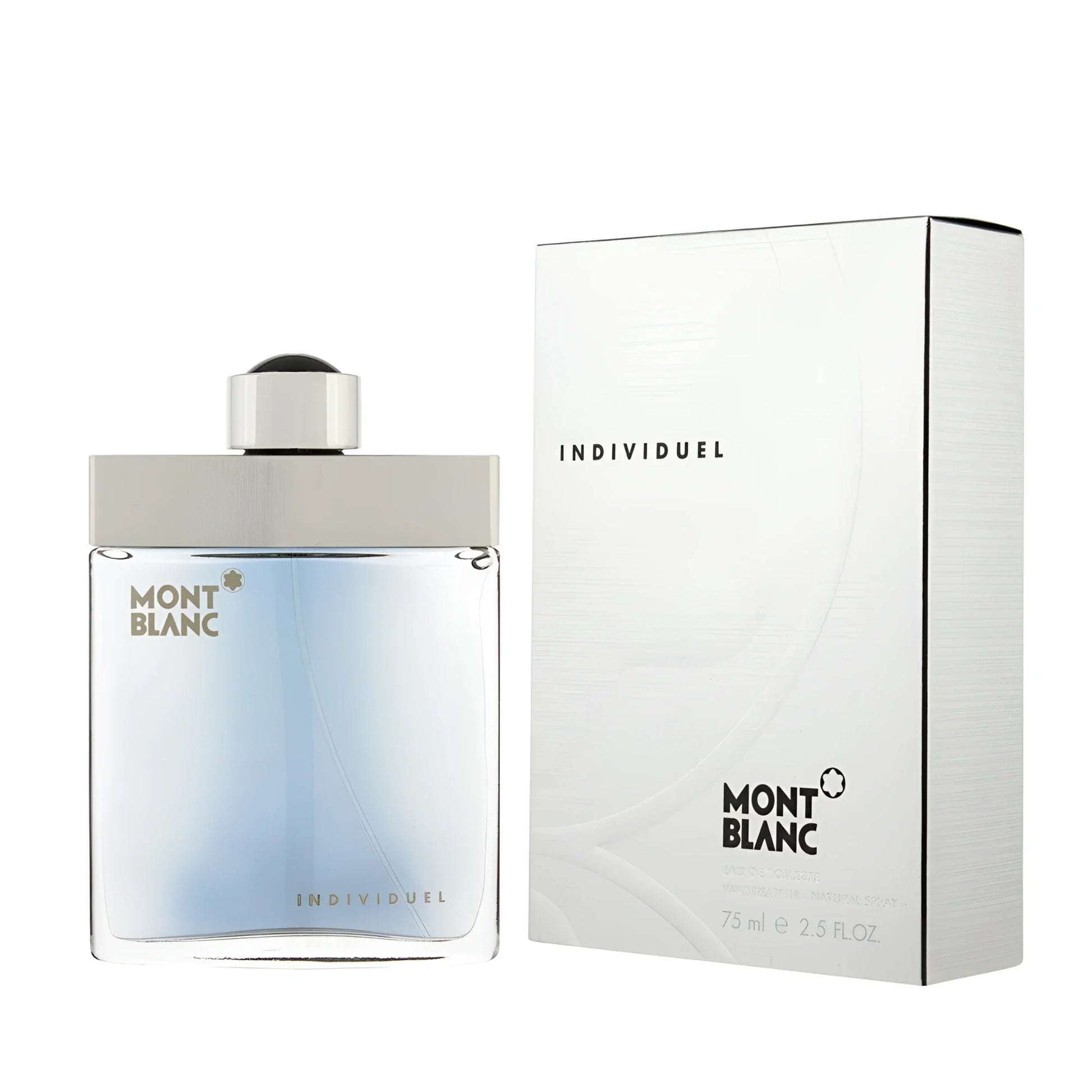 Montblanc Individuel eau de toilette 75ml in una bottiglia di vetro trasparente con liquido blu sfumato e tappo argento
