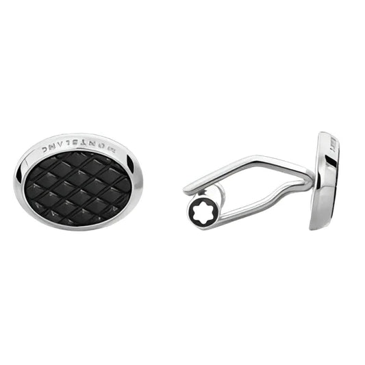Montblanc gemelli ovali meisterstück acciaio con centro in lacca nera effetto trapuntato e chiusura metallica elegante