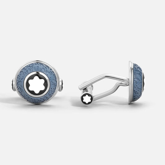Cufflinks in smalto blu montblanc con montatura in metallo argento e logo stella in omaggio a johann wolfgang von goethe