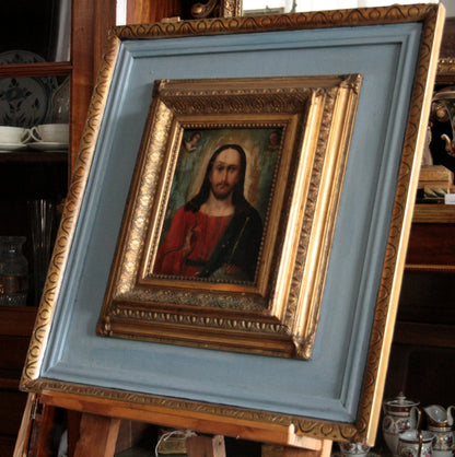 Framed icona ortodossa Cristo pantocratore xviii secolo area russa in legno dipinta con dettagli dorati