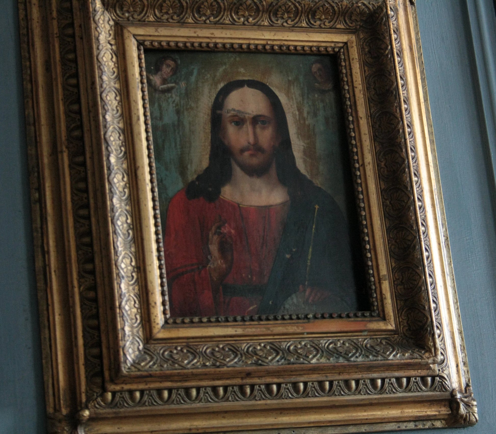 Framed icona ortodossa cristopantocratore xviii secolo area russa depicting jesus with angels