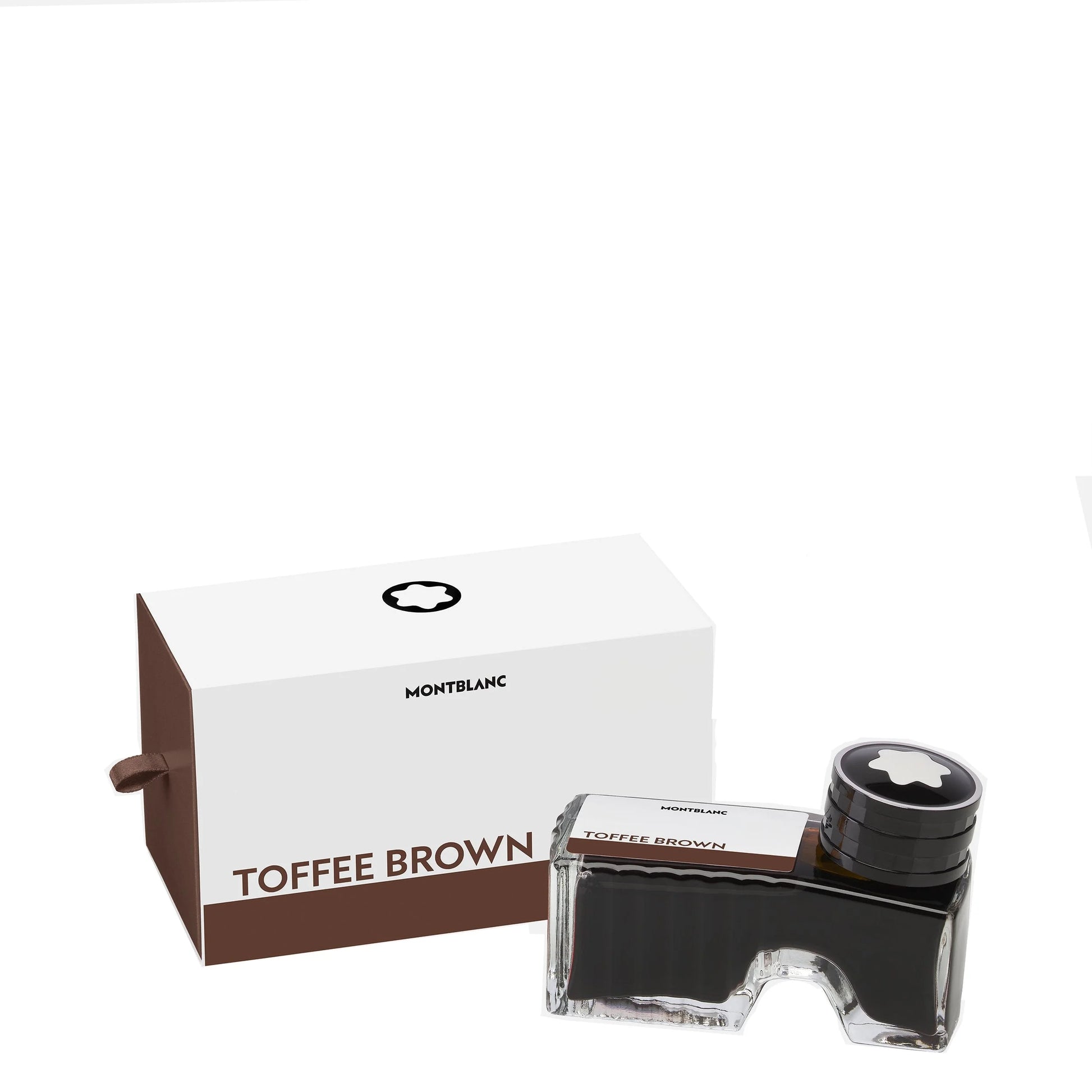 Montblanc boccetta d’inchiostro 60 ml toffee brown con corpo in vetro trasparente e tappo nero elegante