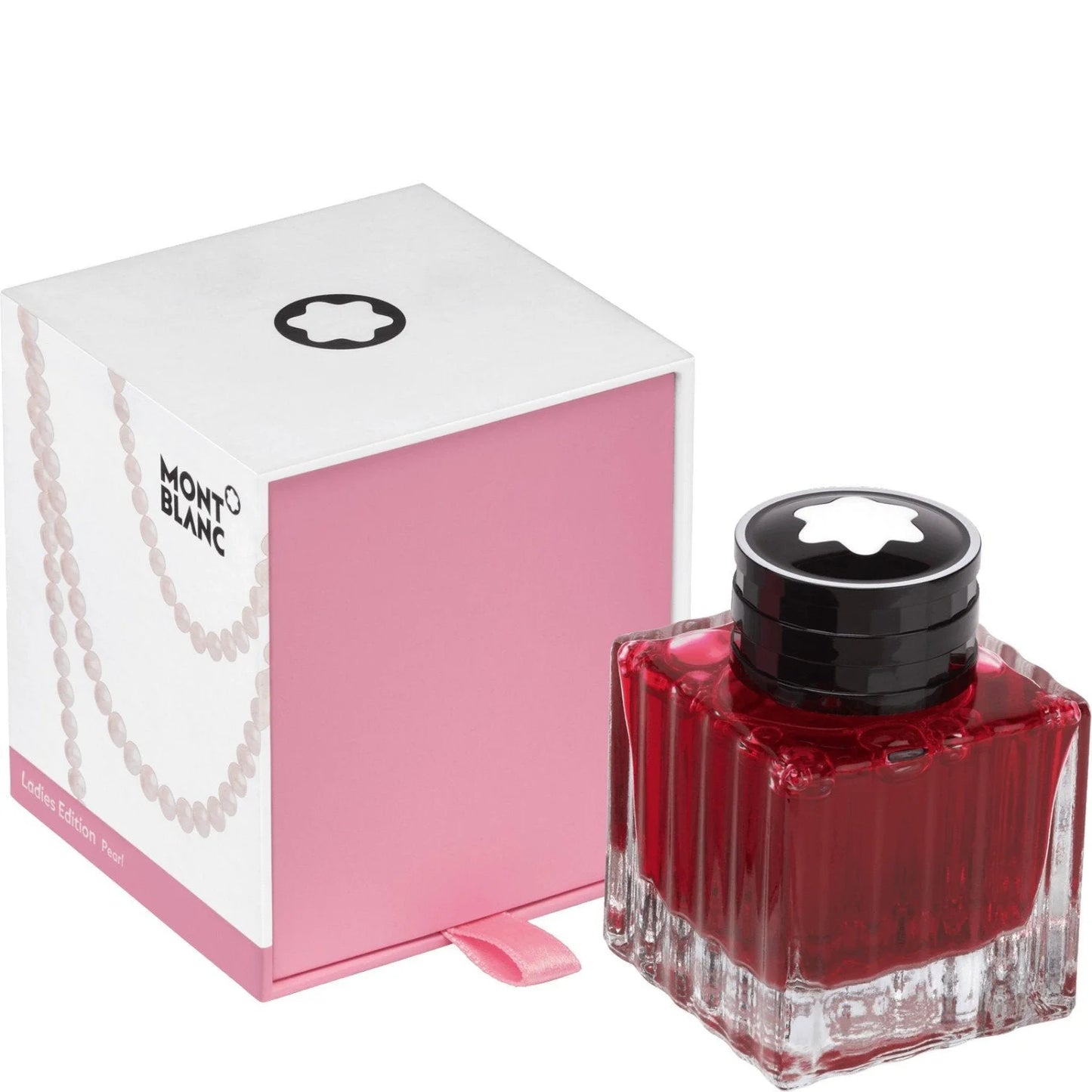 Boccetta d’inchiostro montblanc 50ml ladies edition pearl rosa con corpo in vetro sfaccettato e tappo nero logo star