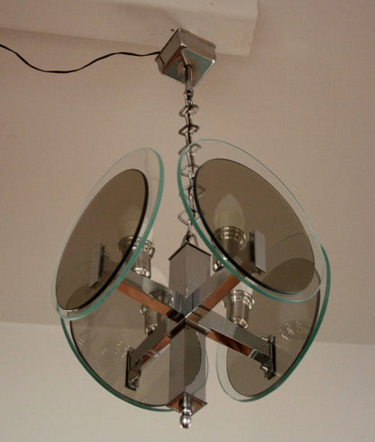 Lampadario vintage art déco in metallo cromato anni settanta con vetro italia anni per illuminazione elegante