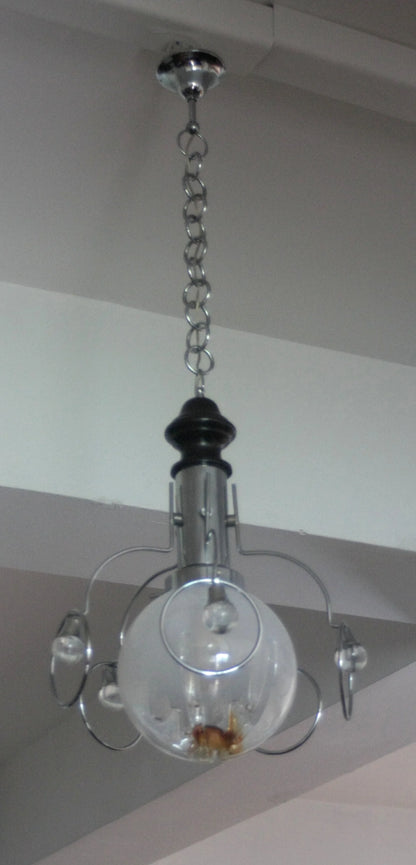 Lampadario vintage mazzega anni 70 in cromo e vetro con design space age sospeso in stile italiano