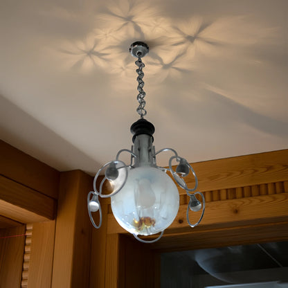 Lampadario vintage mazzega anni 70 in vetro e cromo con globi di vetro sospesi stile space age italiano