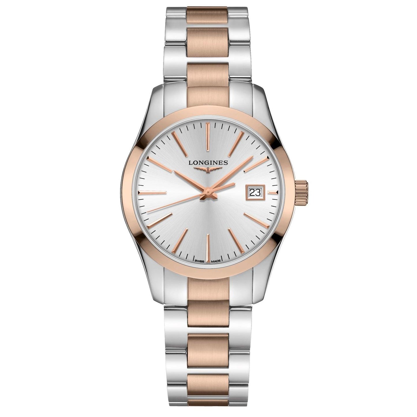 ロンジン コンクエスト クラシック 34mm シルバー クォーツ ステンレススチール PVD ​​ローズゴールド ウォッチ L2.386.3.72.7