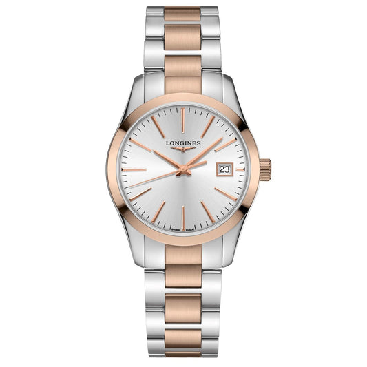 ロンジン コンクエスト クラシック 34mm シルバー クォーツ ステンレススチール PVD ​​ローズゴールド ウォッチ L2.386.3.72.7